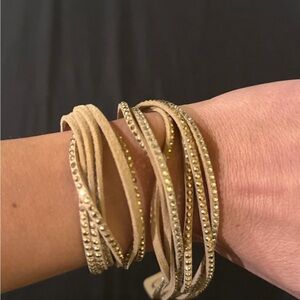Source Unknown Beige Suede Multi-Strand Wrap Bracelet with Gold Beading